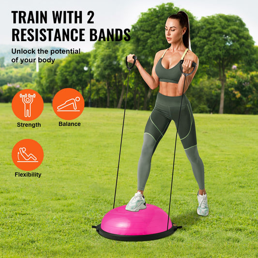 Half Balance Ball Trainer – 26" Diameter, 1500 lb Capacity, Anti-Burst PVC | Pink | 2 Resistance Bands & Foot Pump