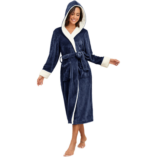 Women's Long Fleece Bathrobe with Hood - 300GSM Flannel Robe
