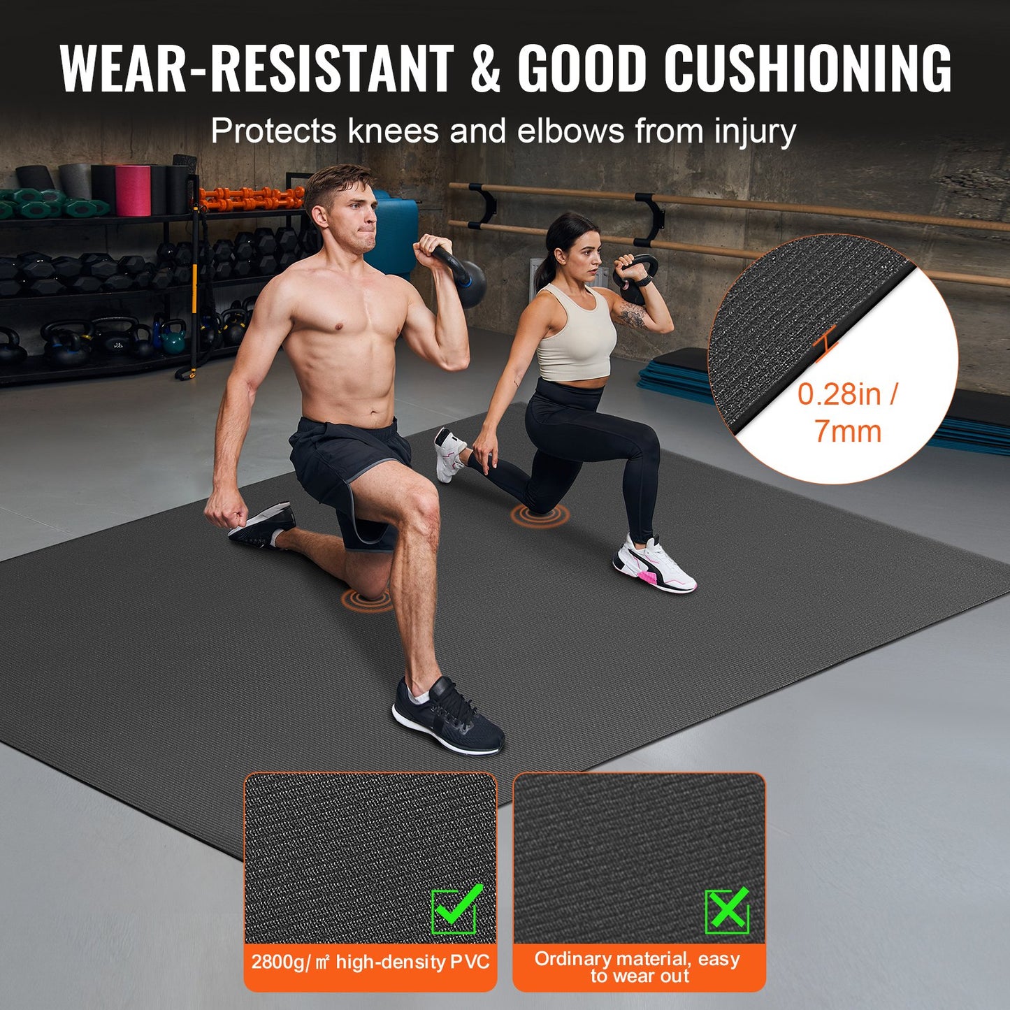PVC Exercise Mat 7x5ft – Non-Slip, 7mm Thick | Black | Includes Bag, Towel & Carry Straps