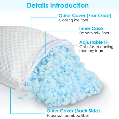 1Pc Shredded Memory Foam Pillow Adjustable Cool Pillow With Extra Filling Machine Washable Cover For Side Back Stomach Sleepers