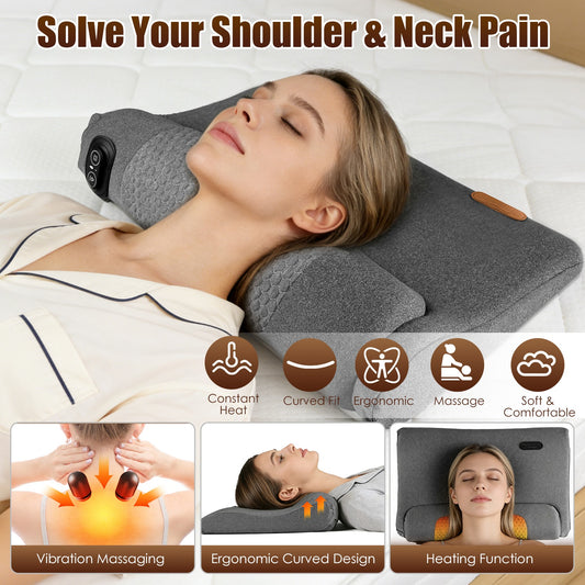Neck Massager Pillow with Heat & Vibration – 3 Heat Levels, USB-C, 30-Min Timer, Dark Grey