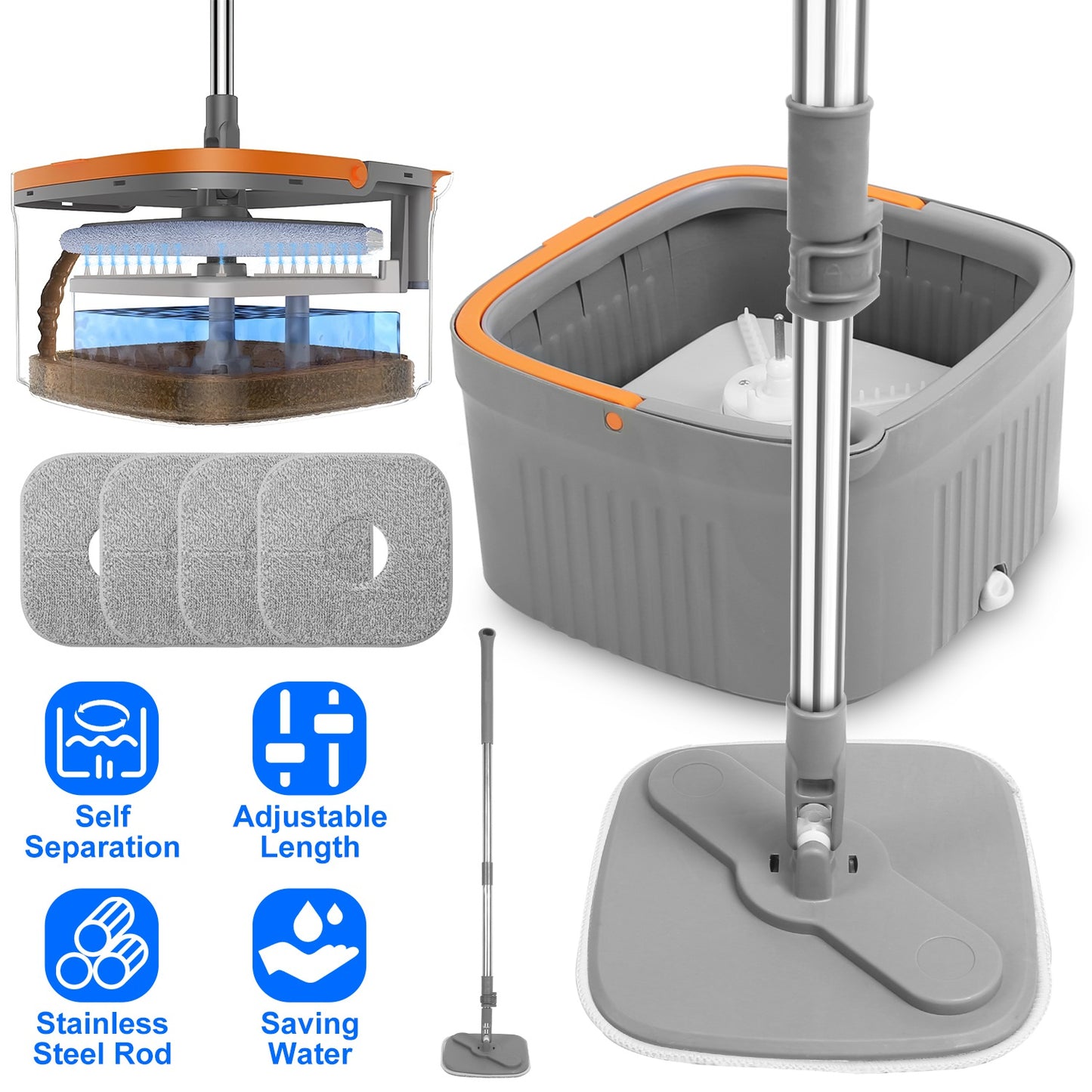 Spin Mop and Bucket System with 4 Microfiber Pads and Dual Compartment for Easy Home Floor Cleaning