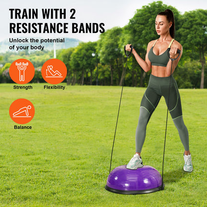 Half Balance Ball Trainer 23" – Anti-Burst, 660 lb Capacity | Purple | 2 Resistance Bands & Foot Pump