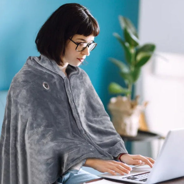 USB Heated Blanket Shawl with Zipper – 8 Heating Zones, 3 Temperature Settings, Grey