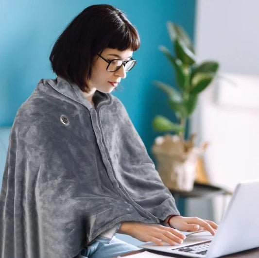 USB Heated Blanket Shawl with Zipper – 8 Heating Zones, 3 Temperature Settings, Grey