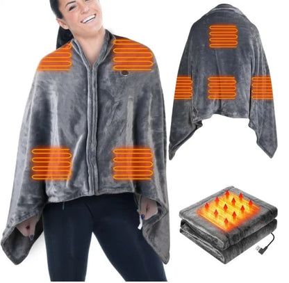 USB Heated Blanket Shawl with Zipper – 8 Heating Zones, 3 Temperature Settings, Grey