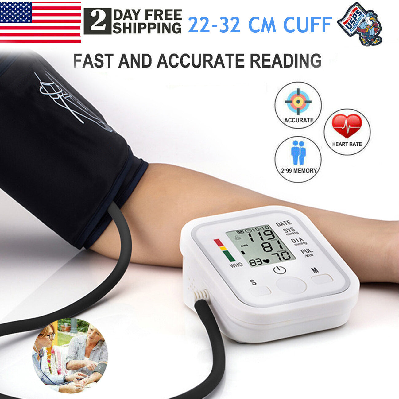 Automatic Upper Arm Blood Pressure Monitor | Voice Readout, Large Backlit LCD | 2-User Memory