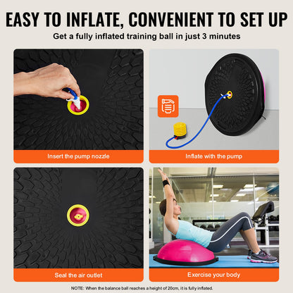 Half Balance Ball Trainer – 26" Diameter, 1500 lb Capacity, Anti-Burst PVC | Pink | 2 Resistance Bands & Foot Pump
