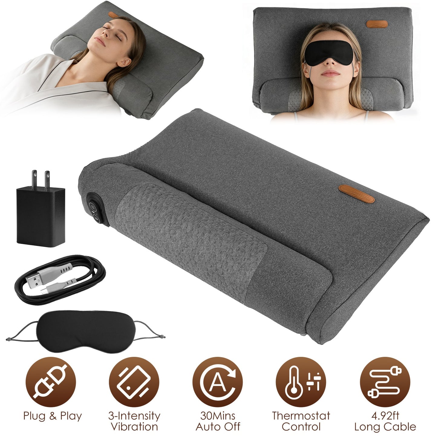 Neck Massager Pillow with Heat & Vibration – 3 Heat Levels, USB-C, 30-Min Timer, Dark Grey