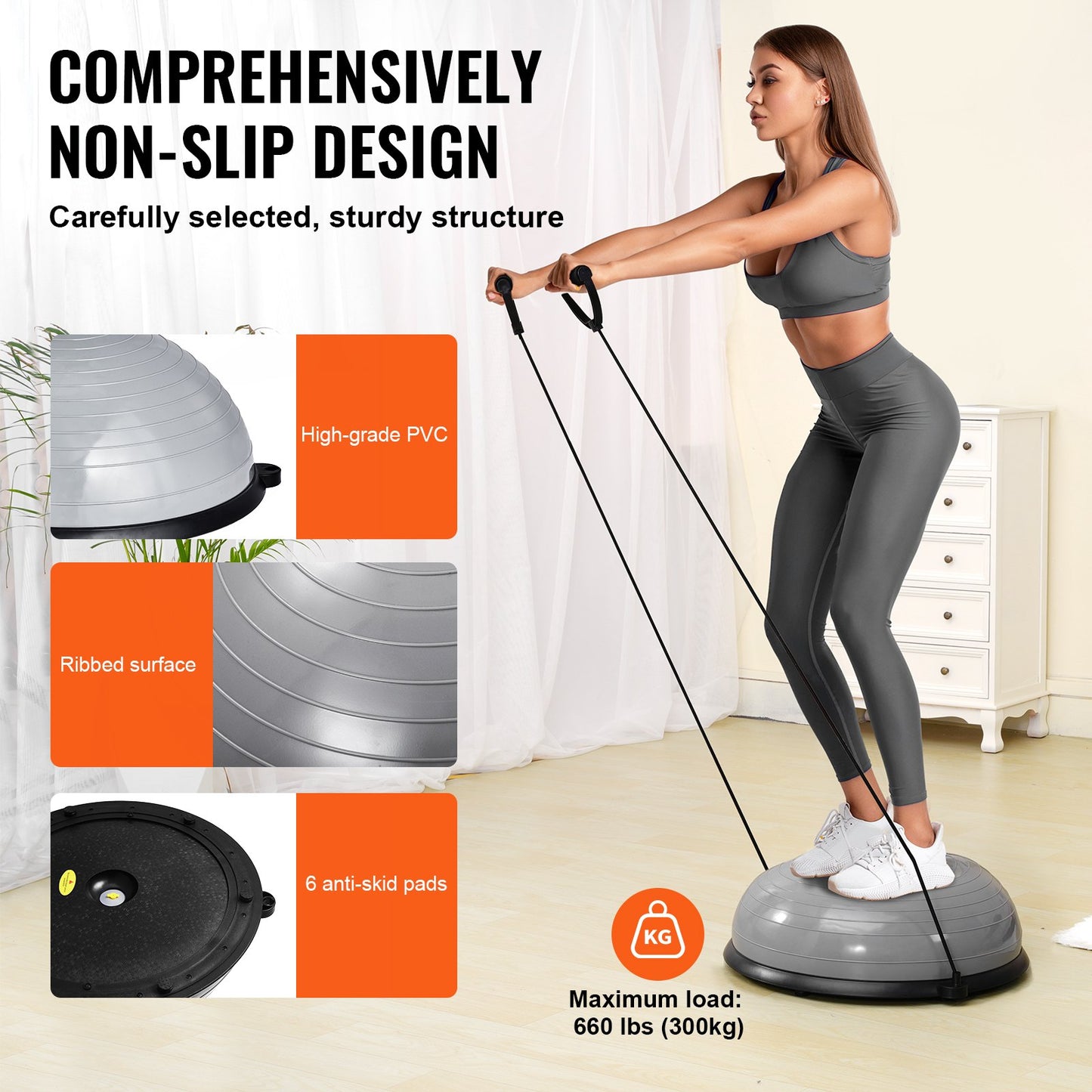 Half Balance Ball Trainer – 23" Diameter, 660 lb Capacity, Anti-Burst PVC | Gray | 2 Resistance Bands & Foot Pump