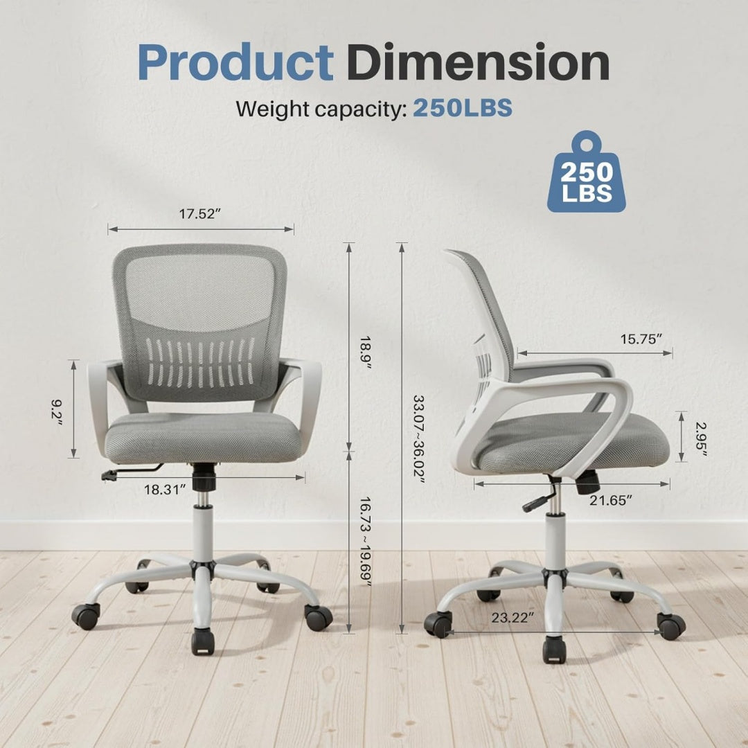 Ergonomic Mid-Back Mesh Office Chair – Lumbar Support, Fixed Armrests, 250 lb Capacity, Grey