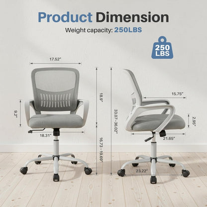 Ergonomic Mid-Back Mesh Office Chair – Lumbar Support, Fixed Armrests, 250 lb Capacity, Grey